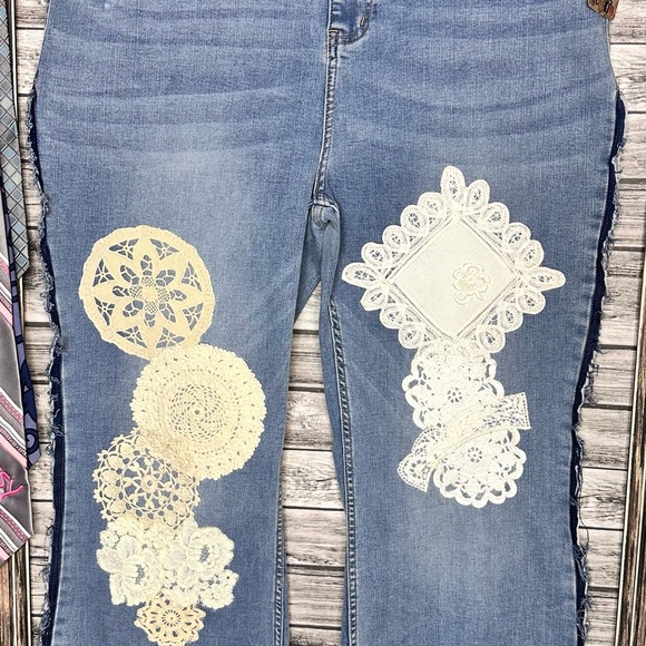 Sassy Britches & Wild Stitches Denim - UpCycled Handmade Reworked Vintage Crochet Denim Jeans, Stretch denim, raw edges